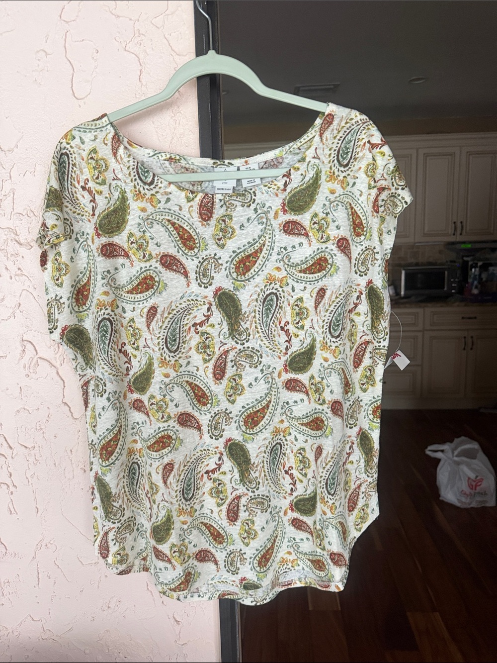 Joie Cream Paisley Short Sleeve Blouse with Green and Rust Accents